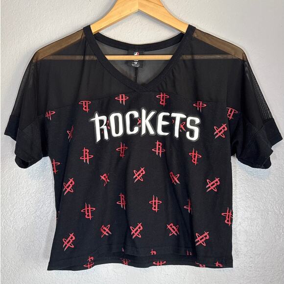 NBA Houston Rockets Black Mesh Crop Top Medium Texas Basketball Short Sleeve - Picture 1 of 5